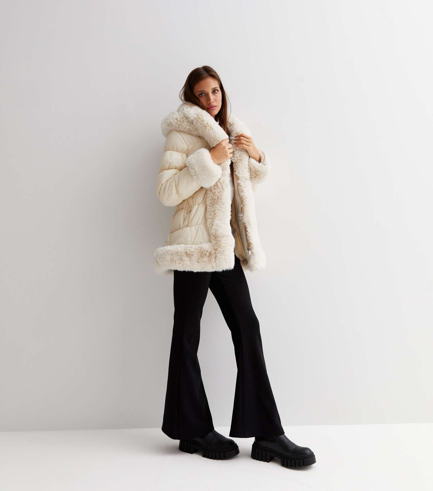Cameo Rose Stone Faux Fur Trim Belted Hooded Puffer Coat Image 3