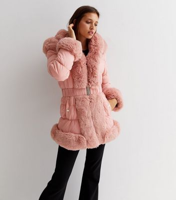 New look faux outlet fur belted padded coat