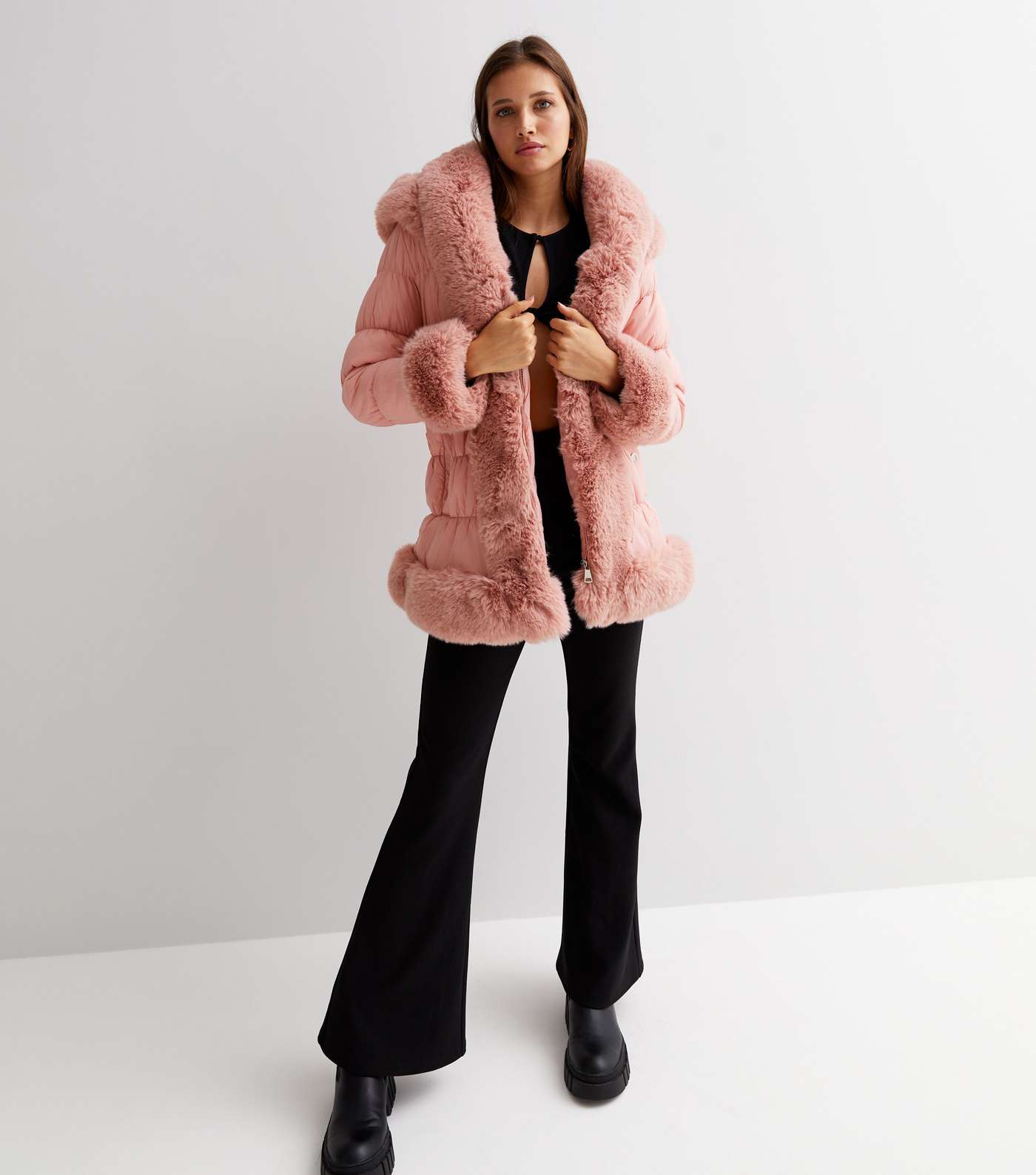 Cameo Rose Pink Faux Fur Trim Belted Hooded Puffer Coat Image 2