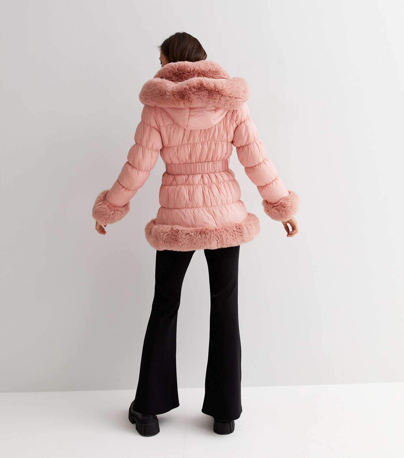 Cameo Rose Pink Faux Fur Trim Belted Hooded Puffer Coat Image 4