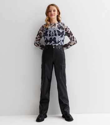 Girls Black Leather-Look Cargo Trousers