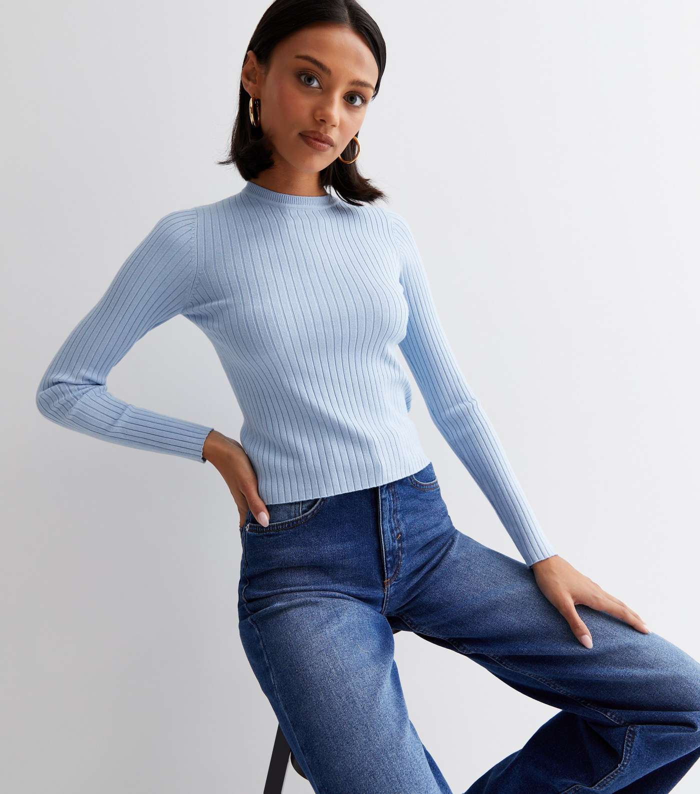 Pale Blue Ribbed Knit Crew Neck Top