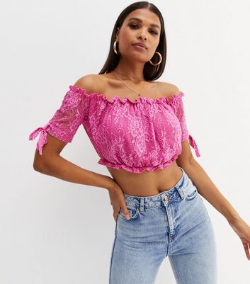 Pink Vanilla Bright Pink Floral Lace Bardot Crop Top | New Look