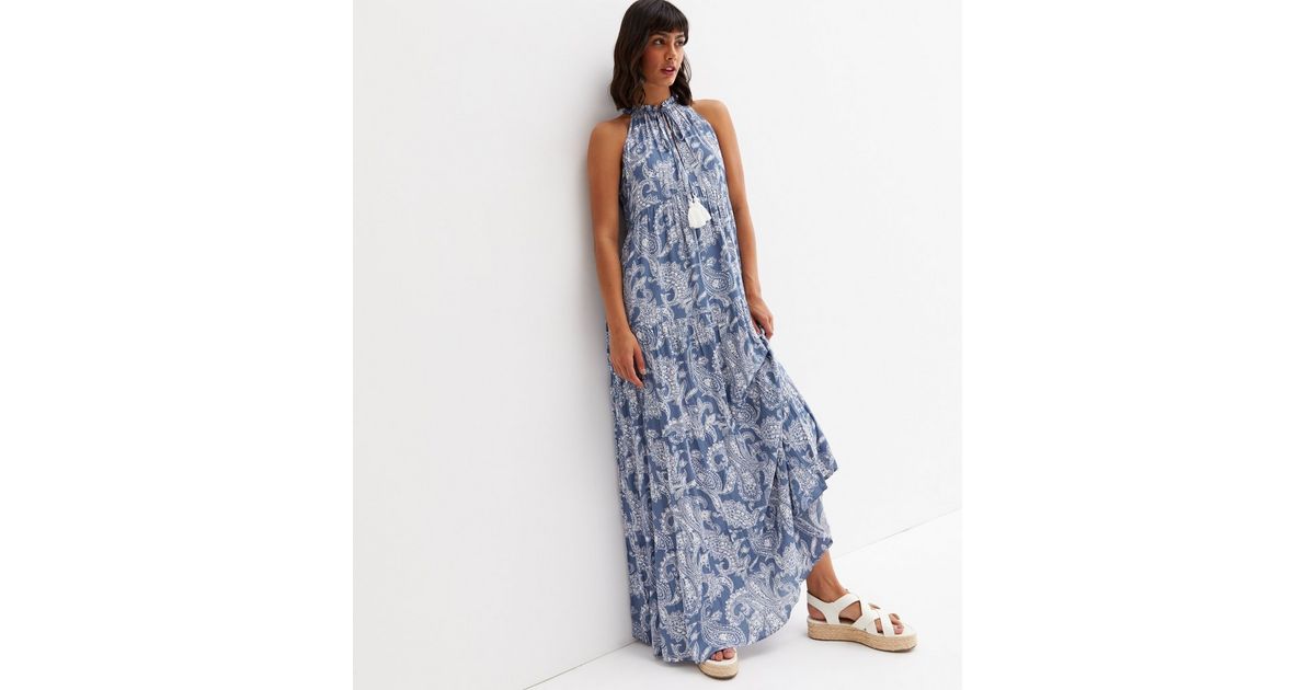 Blue Vanilla Blue Paisley Tassel Maxi Halter Dress New Look