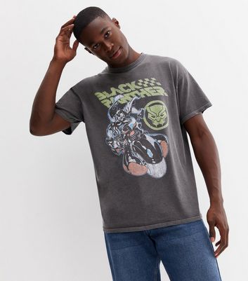 Men's Dark Grey Overdyed Black Panther Logo T-Shirt New Look
