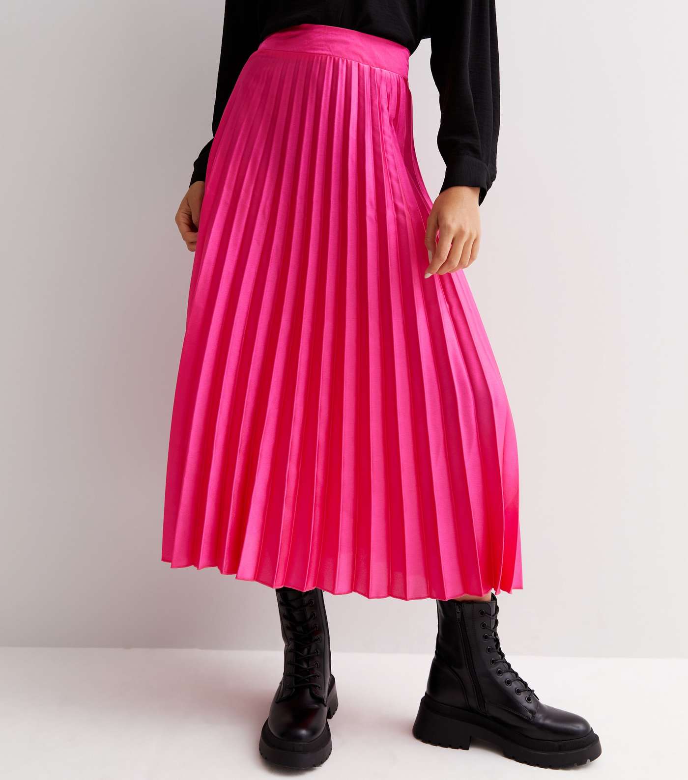 Bright Pink Satin Pleated Midi Skirt Image 2