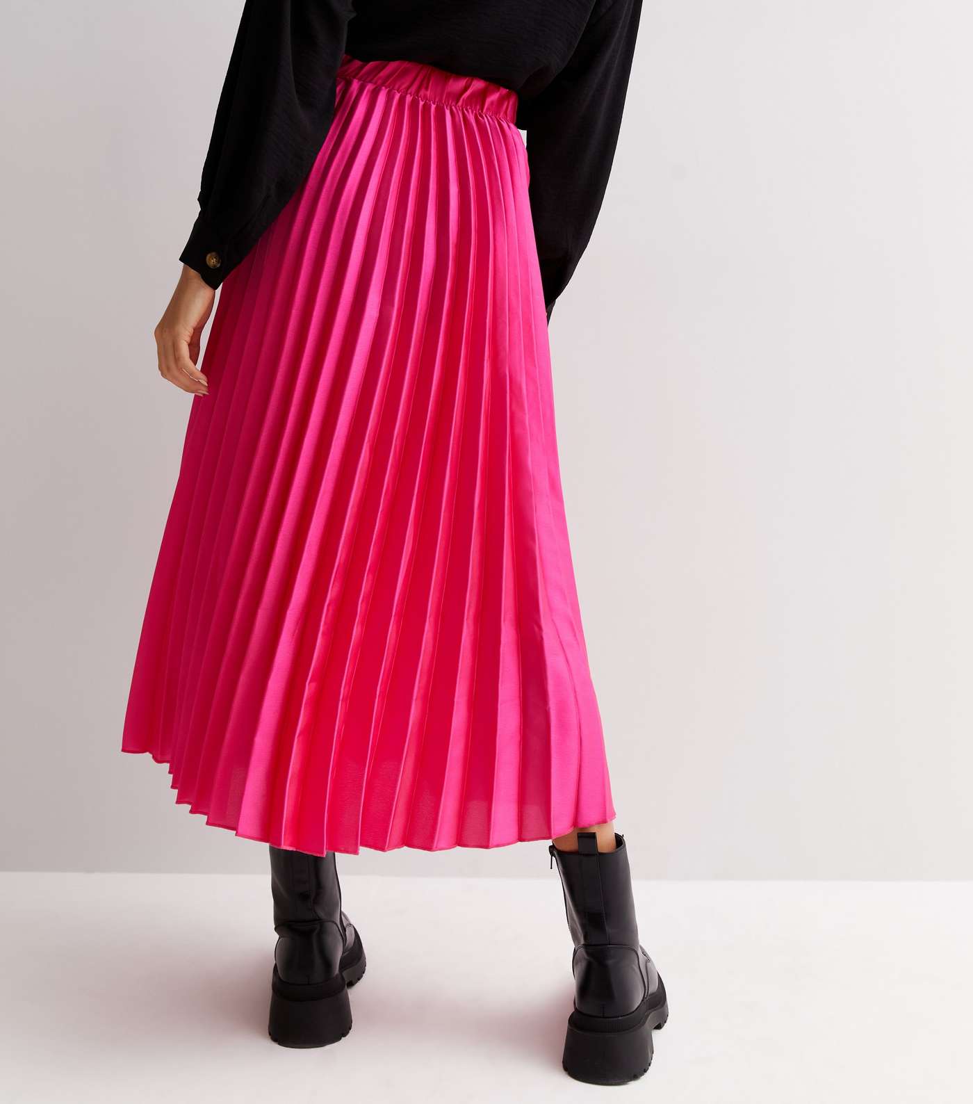 Bright Pink Satin Pleated Midi Skirt Image 4