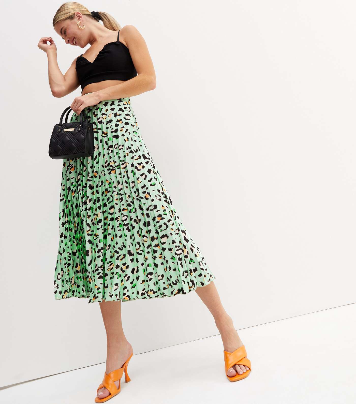 Green Leopard Print Satin Pleated Midi Skirt