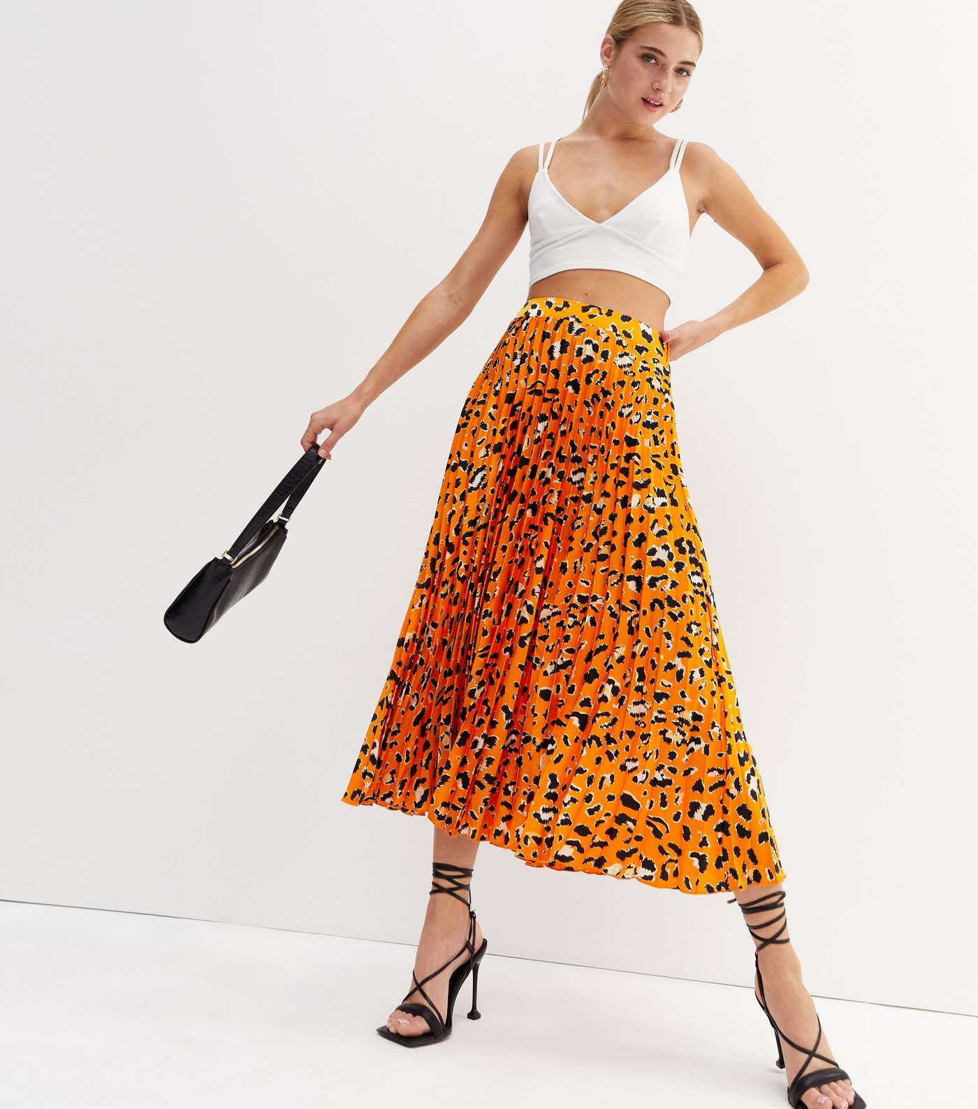 Orange Leopard Print Satin Pleated Midi Skirt