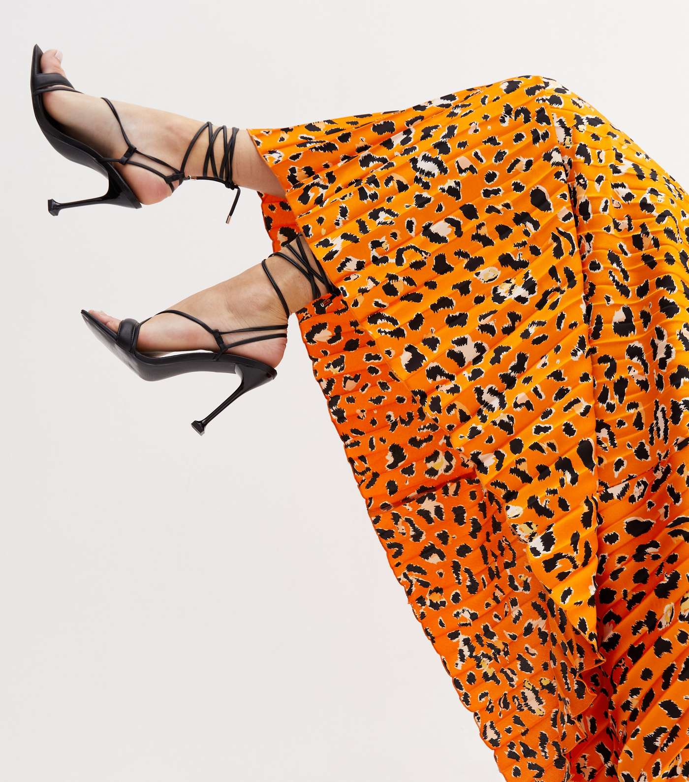 Orange Leopard Print Satin Pleated Midi Skirt Image 3