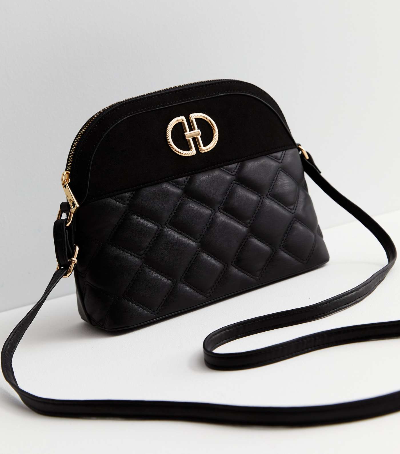 Black Suedette and Quilted Leather-Look Cross Body Bag