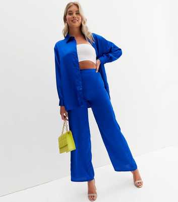 Tall Bright Blue Satin High Waist Wide Leg Trousers
