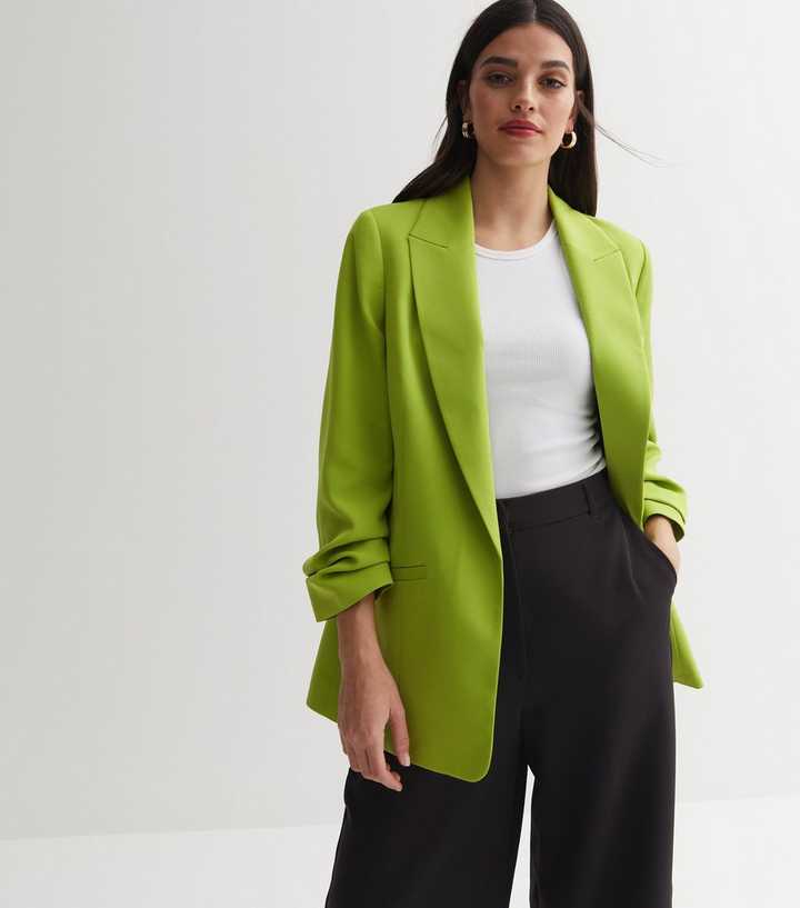Green Ruched Sleeve Oversized Blazer 