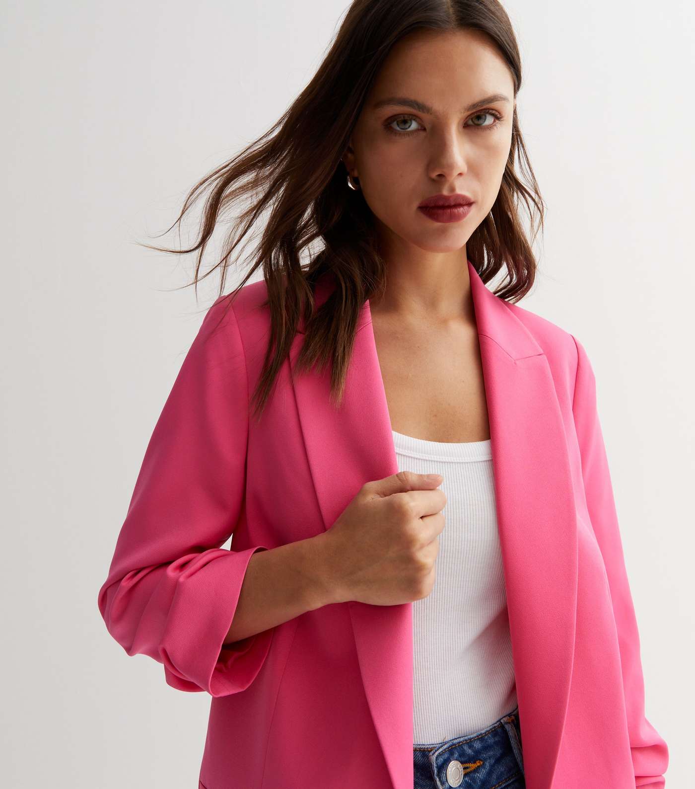 Bright Pink Ruched Sleeve Oversized Blazer Image 4