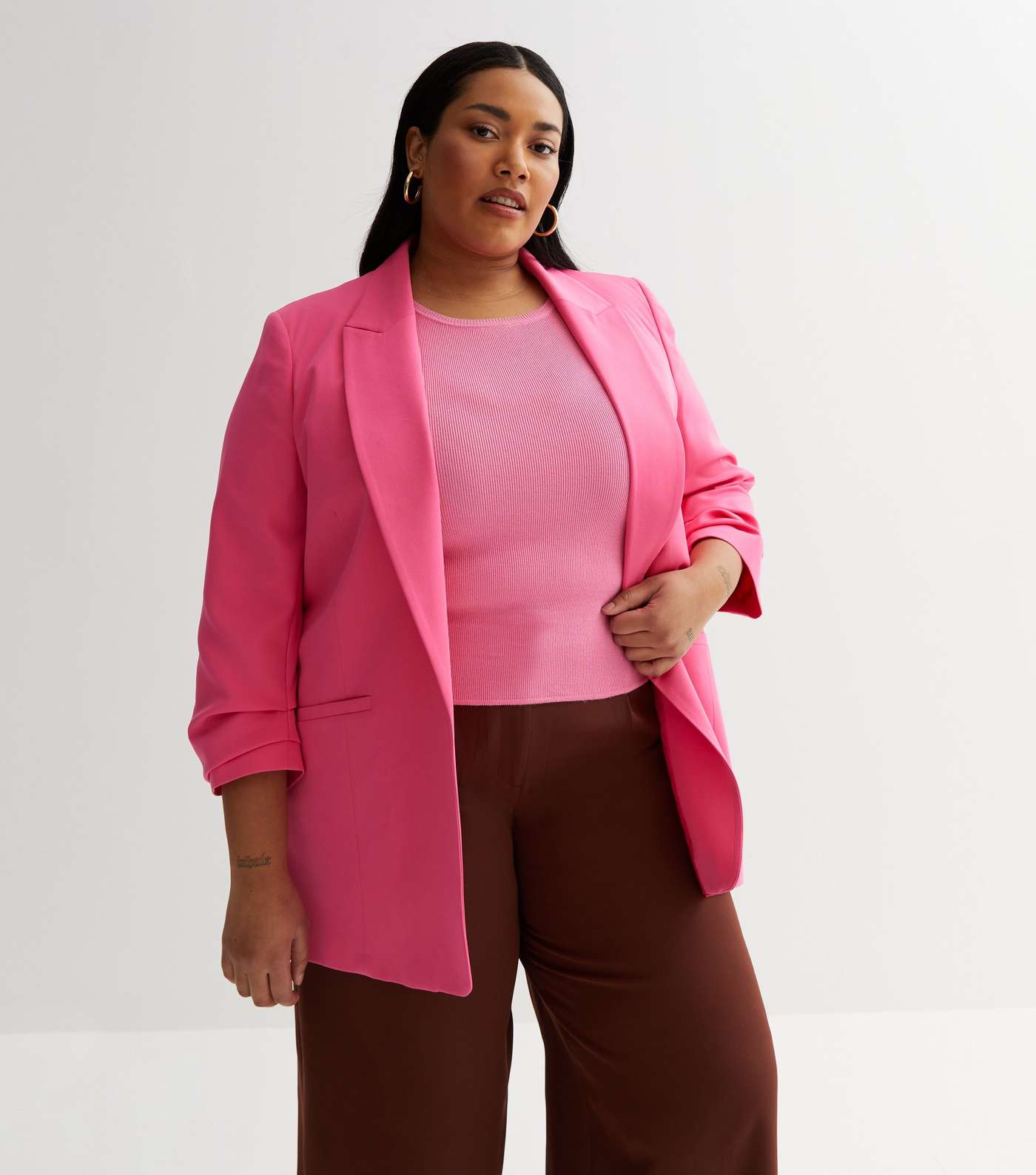 Bright Pink Ruched Sleeve Oversized Blazer Image 2