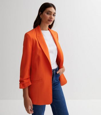 Orange Ruched Sleeve Oversized Blazer