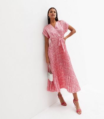 Pink Spot Satin V Neck Pleated Midi Dress