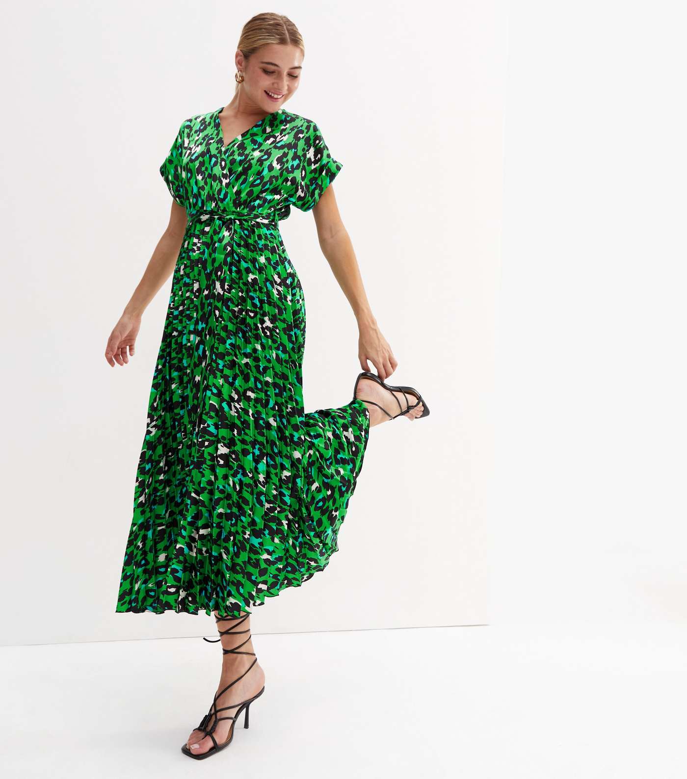 Green Leopard Print Satin Pleated Midi Wrap Dress
