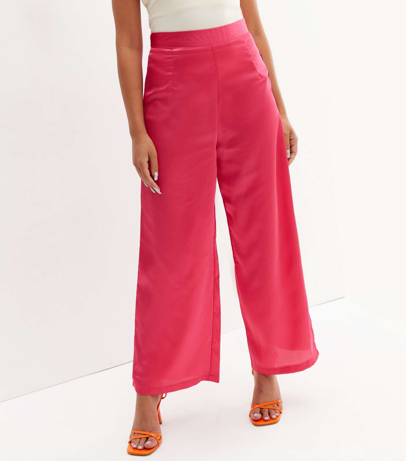 Petite Bright Pink Satin Wide Leg Trousers Image 2