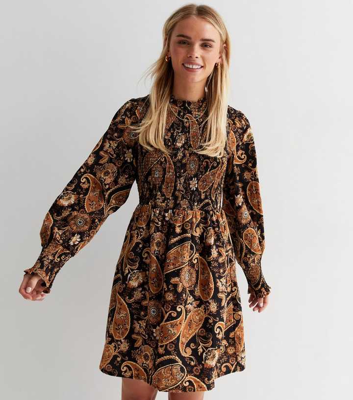 Petite Black Paisley Shirred High Neck Mini Dress