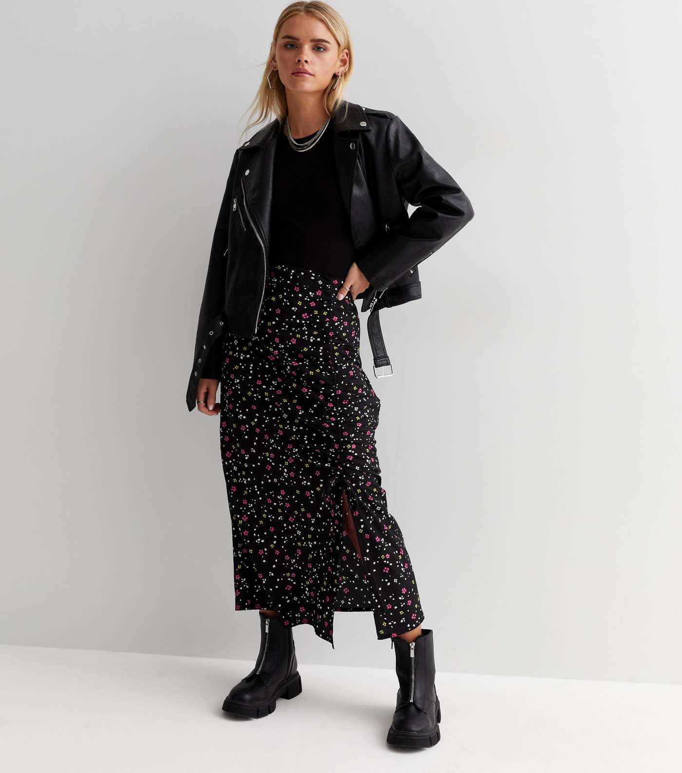 Petite Black Floral Crepe Ruched Midi Skirt