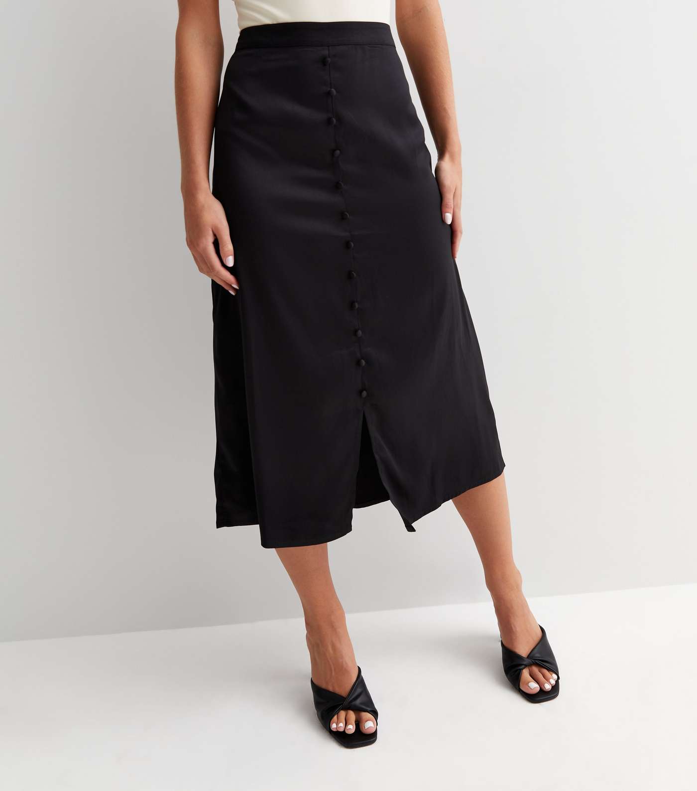 Petite Black Satin Button Midi Skirt Image 2