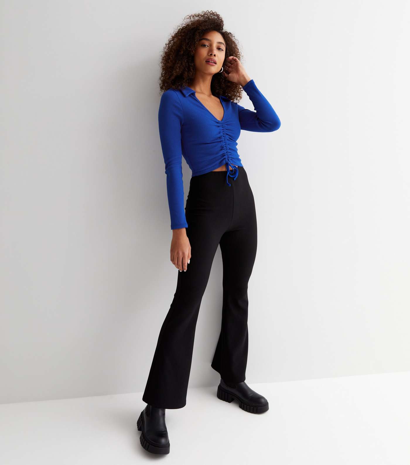 Bright Blue Ribbed Ruched Collared Long Sleeve Crop Top Image 3