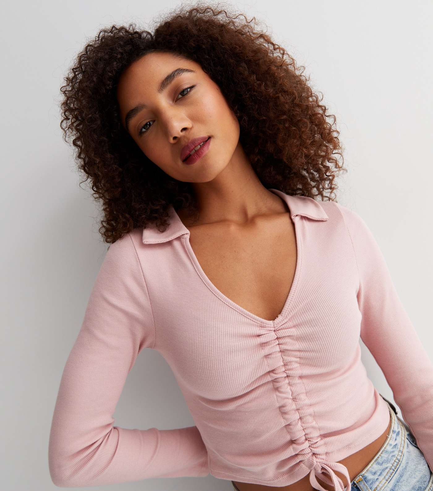 Pale Pink Ribbed Ruched Collared Long Sleeve Crop Top Image 2
