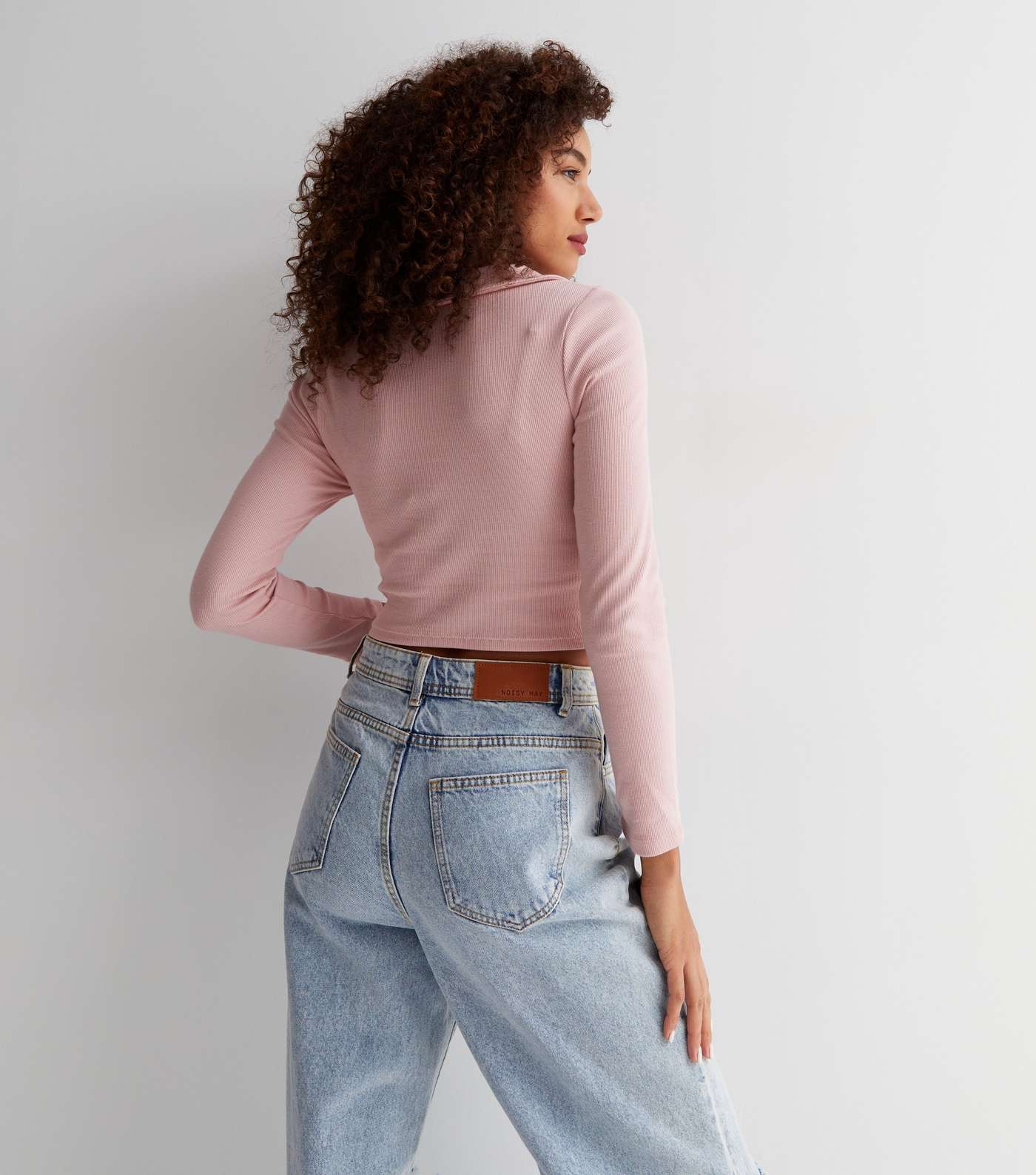 Pale Pink Ribbed Ruched Collared Long Sleeve Crop Top Image 4
