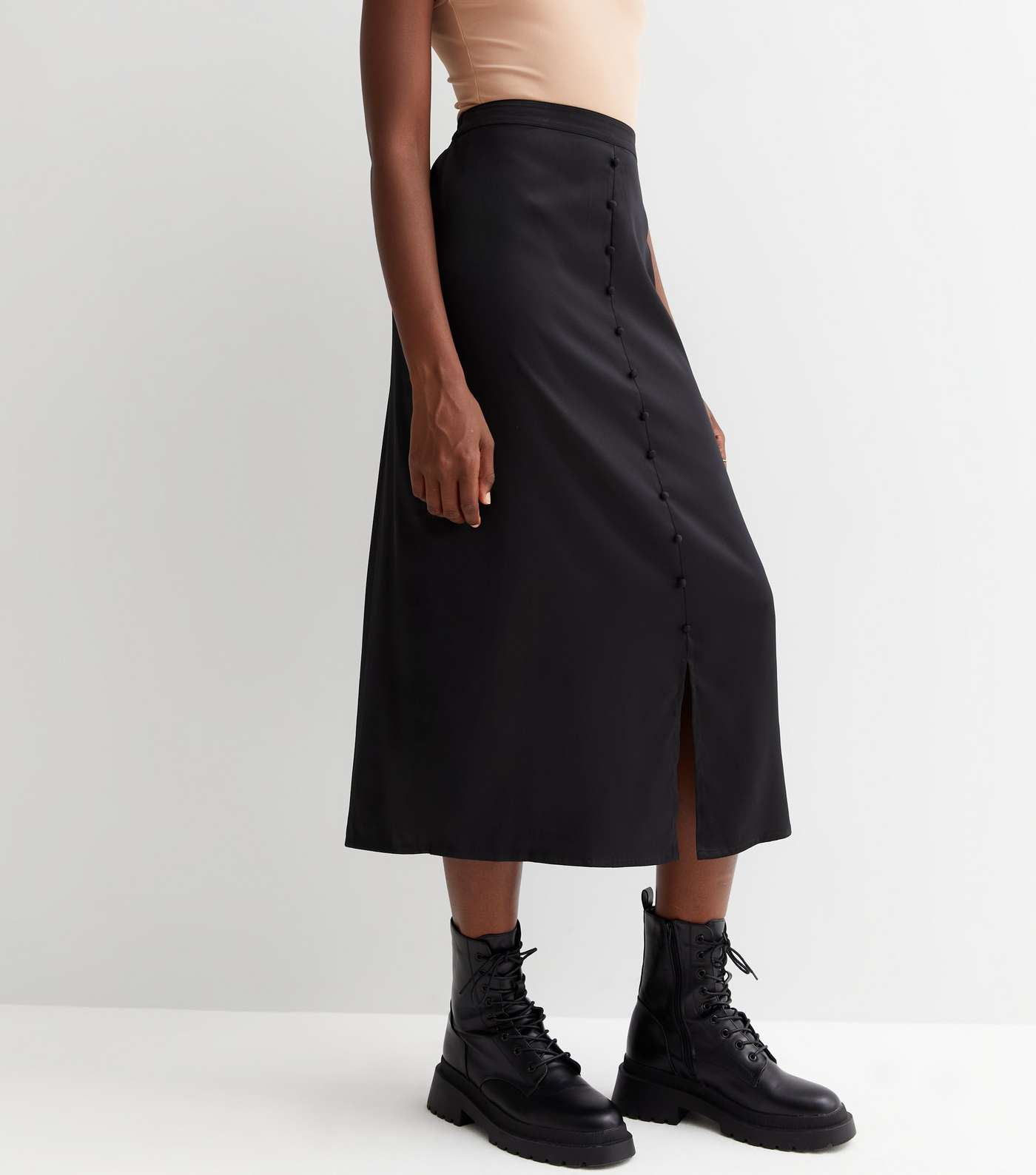 Tall Black Satin Button Front Midi Skirt Image 2