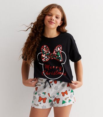 Girls Black Christmas Short Pyjama Set with Disney Minnie Mouse