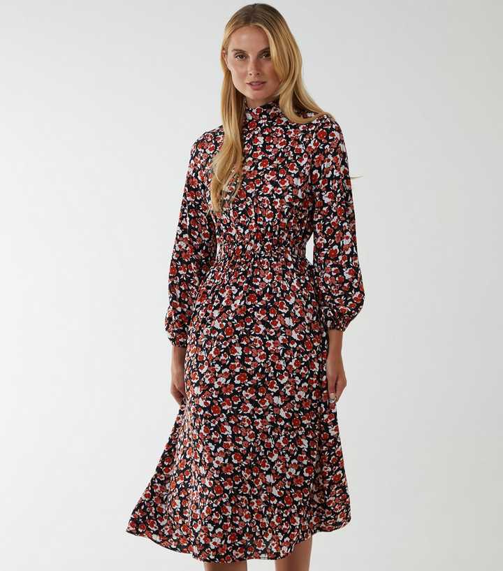 Blue Vanilla Brown Floral High Neck Shirred Waist Midi Dress | New Look