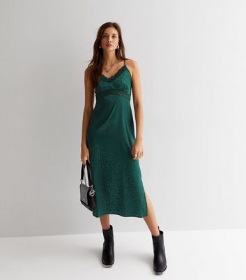 Drive Em Wild - Sea Green Satin Leopard Jacquard Midi Wrap Dress