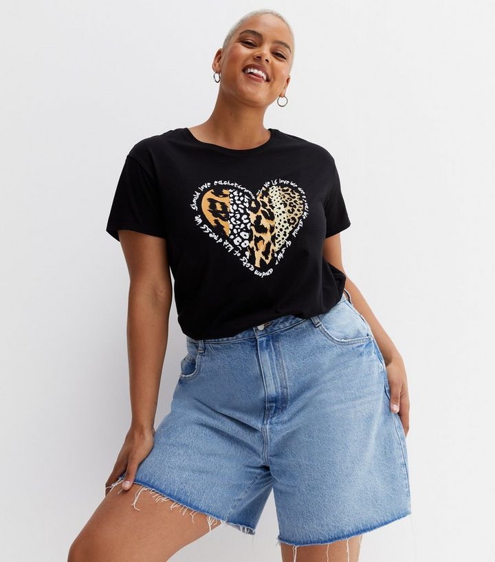 Curves Black Heart Mixed Animal Print T-Shirt | New Look