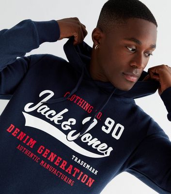 Jack Jones Navy Varsity Logo Hoodie New Look