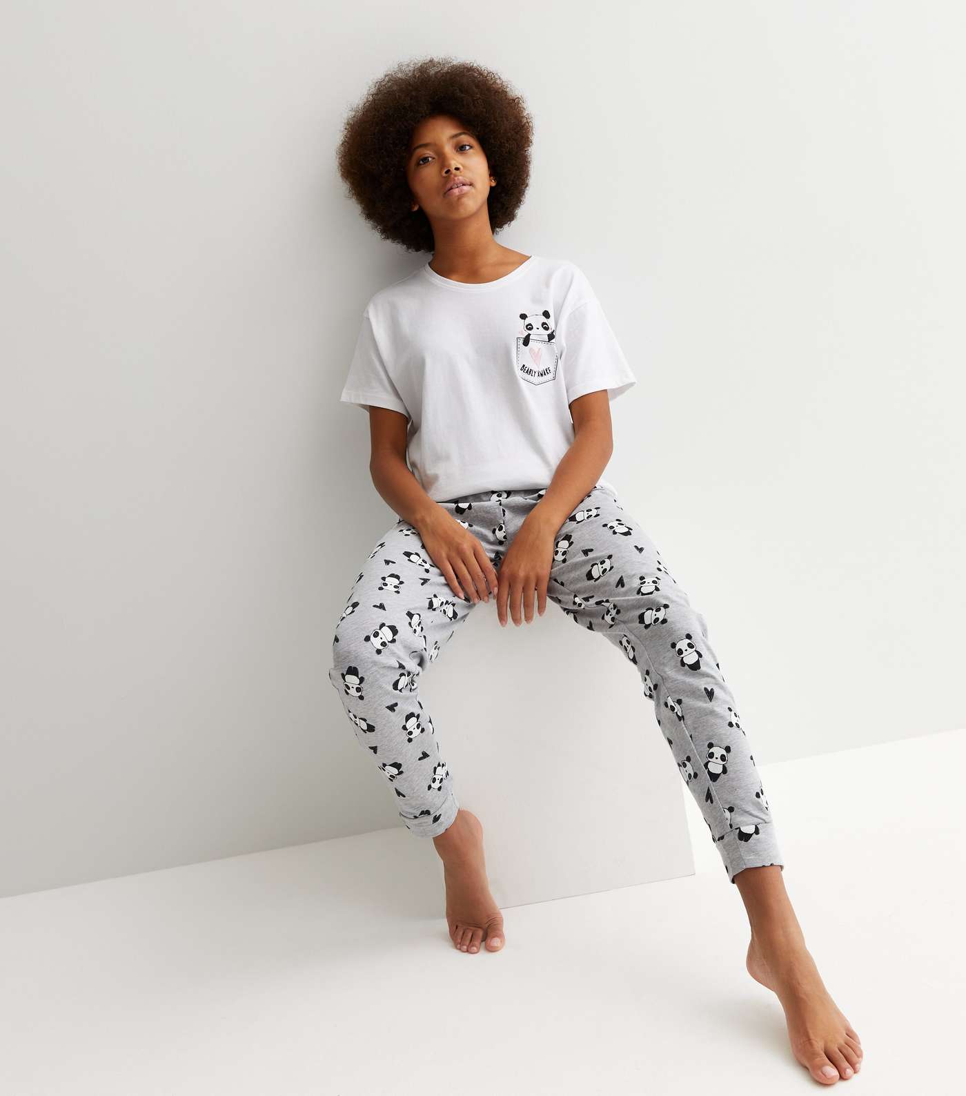 Girls White Jogger Pyjama Set with Panda Logo