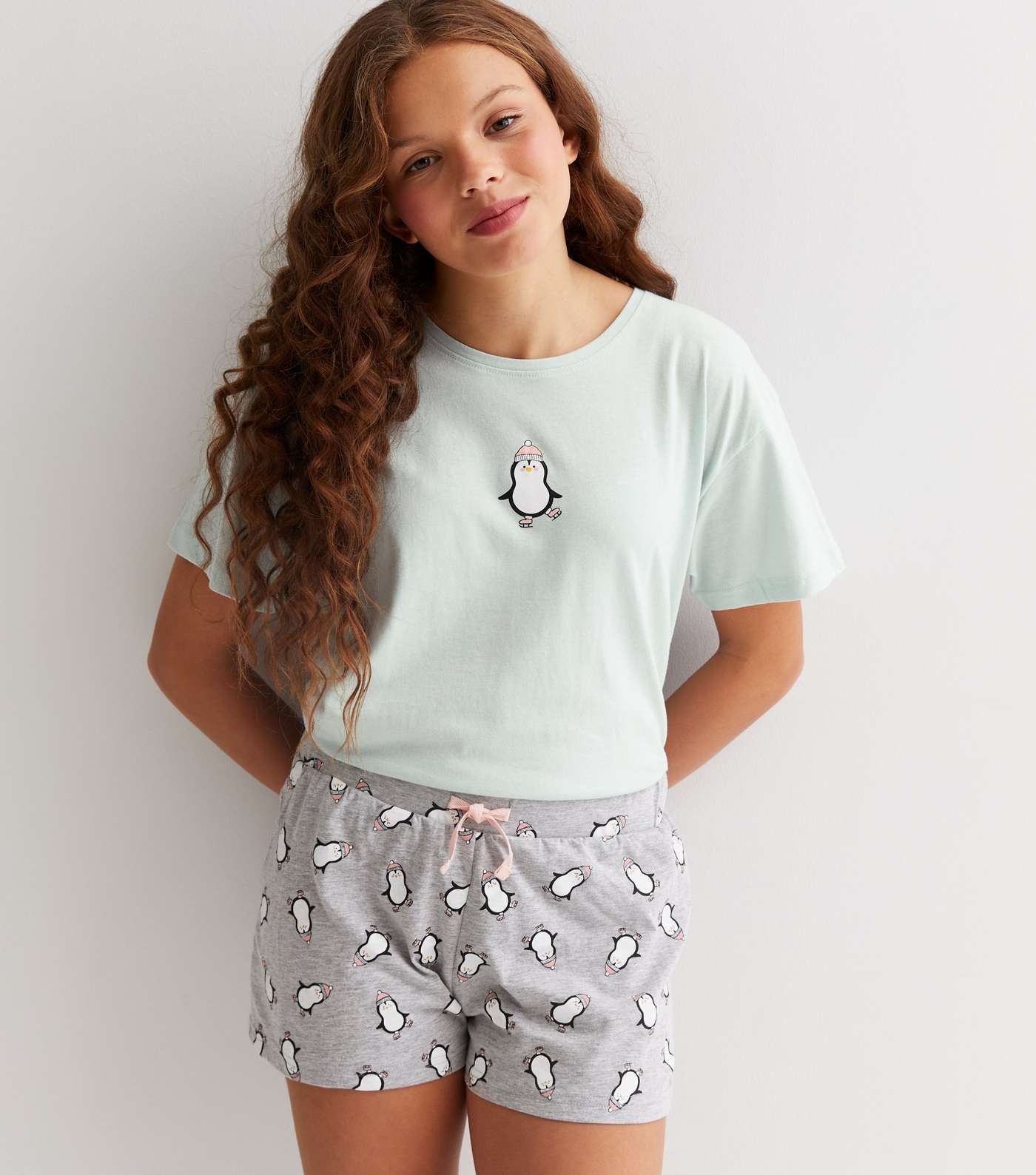Girls Mint Green Short Pyjama Set with Penguin Print Image 2