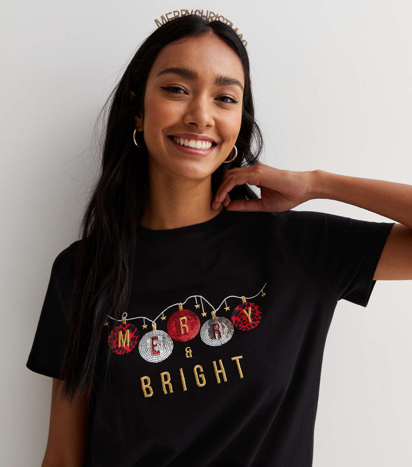 Black Merry and Bright Christmas Baubles Logo T-Shirt