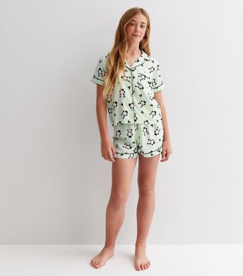 Girls Light Green Short Pyjama Set with Panda Print