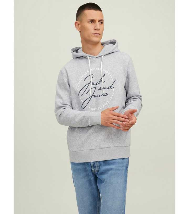 Jack u0026 Jones Pale Grey Logo Hoodie | New Look