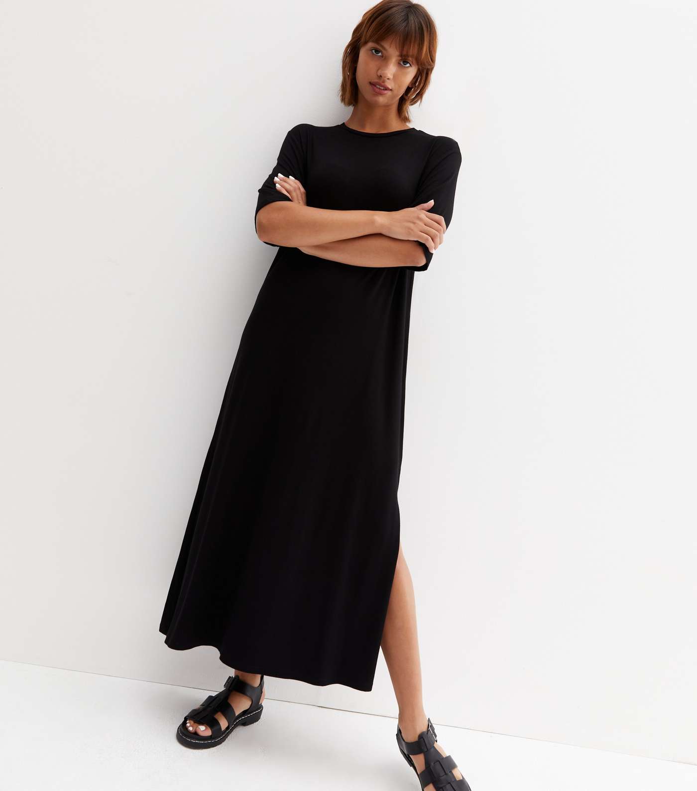 Black Jersey Oversized Midi T-Shirt Dress