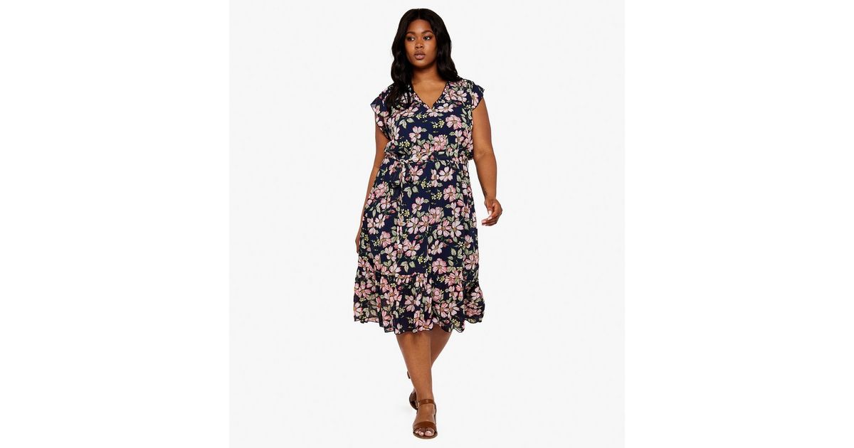 Apricot Curves Navy Floral Tiered Midi Wrap Dress | New Look