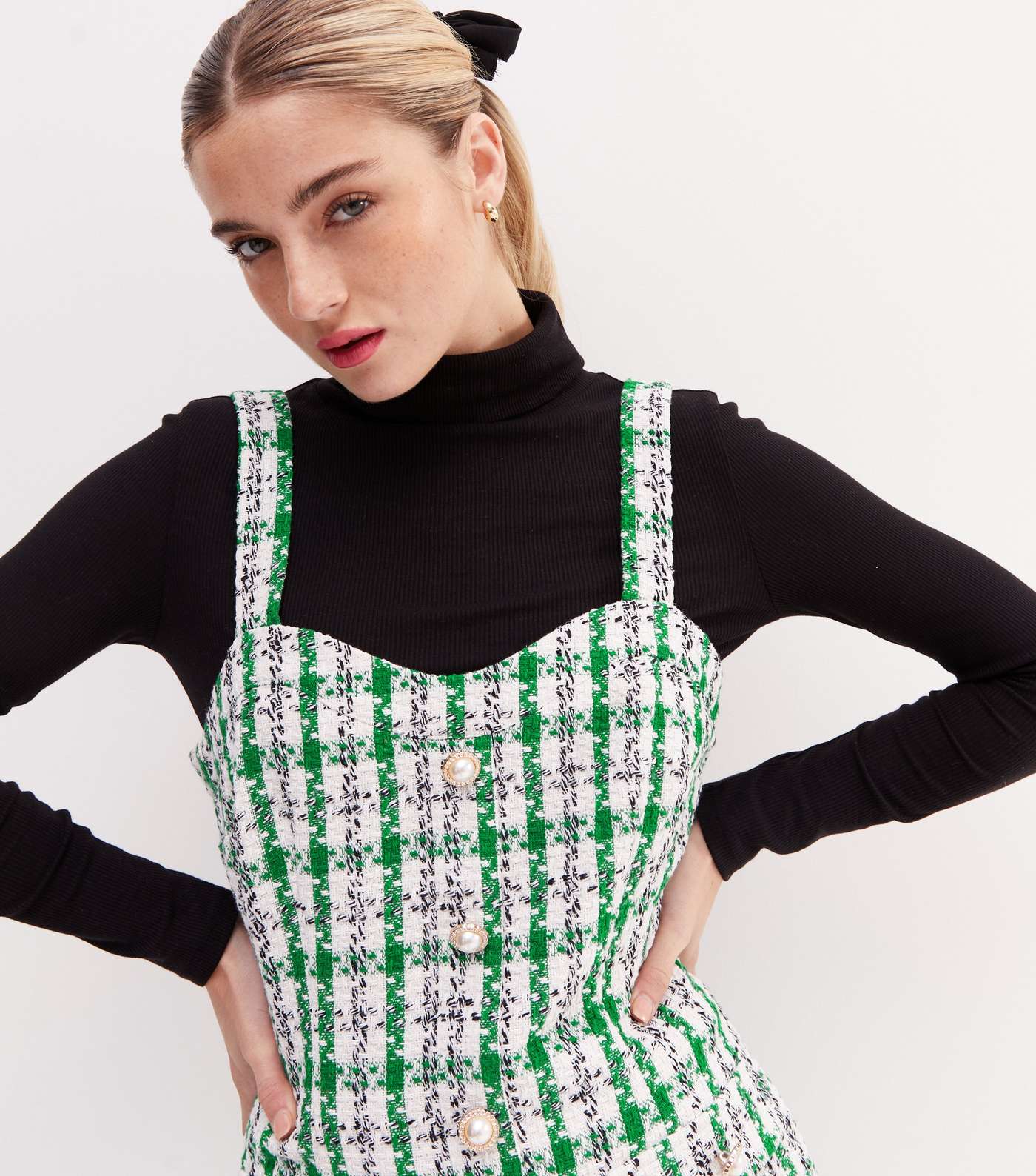 Green Check Bouclé Faux Pearl Button Strappy Pinafore Dress Image 3