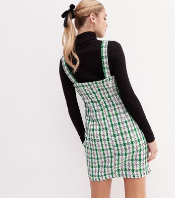 Green Check Boucle Faux Pearl Button Strappy Pinafore Dress New Look
