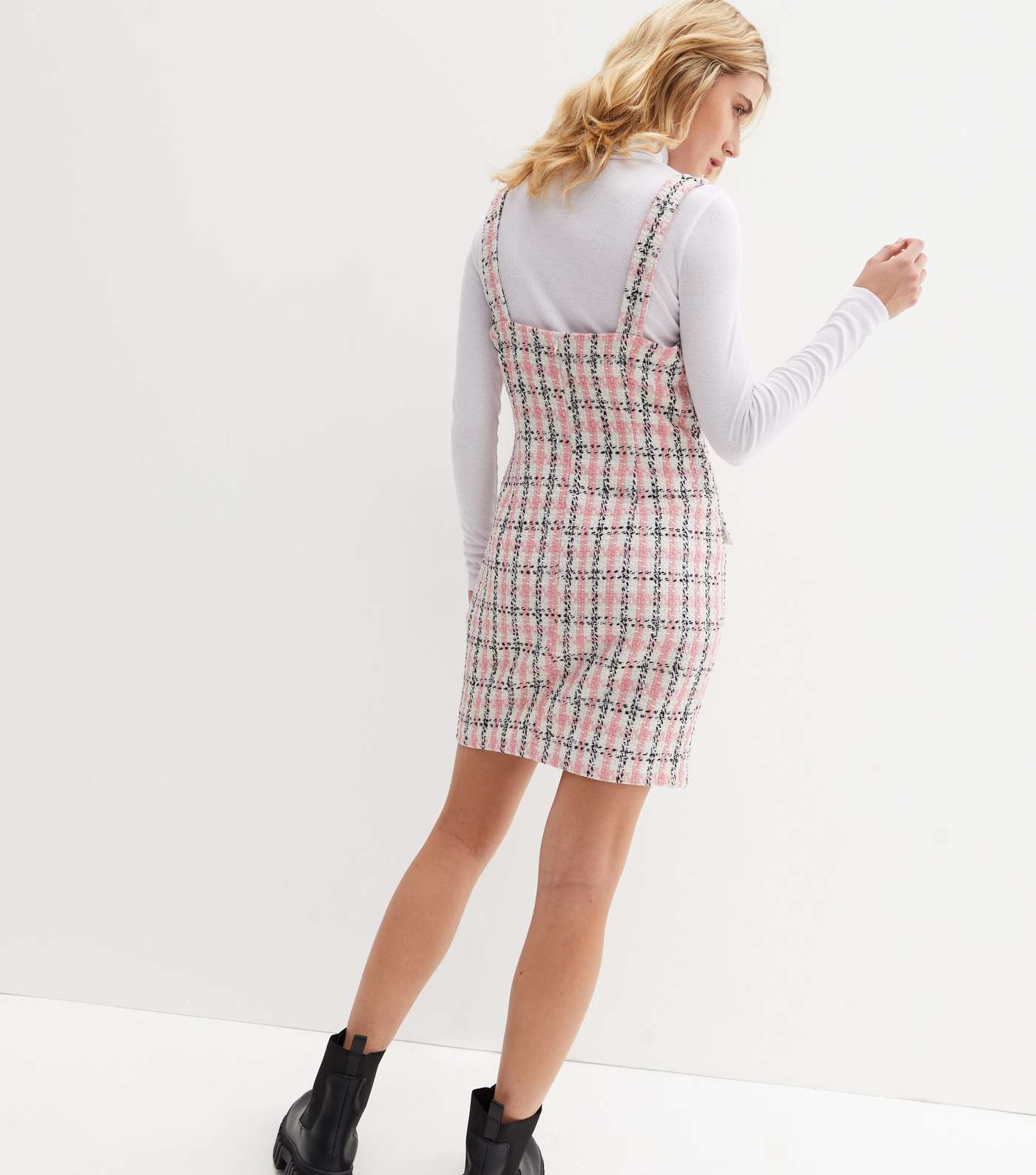 Pink Check Bouclé Faux Pearl Button Strappy Pinafore Dress Image 4