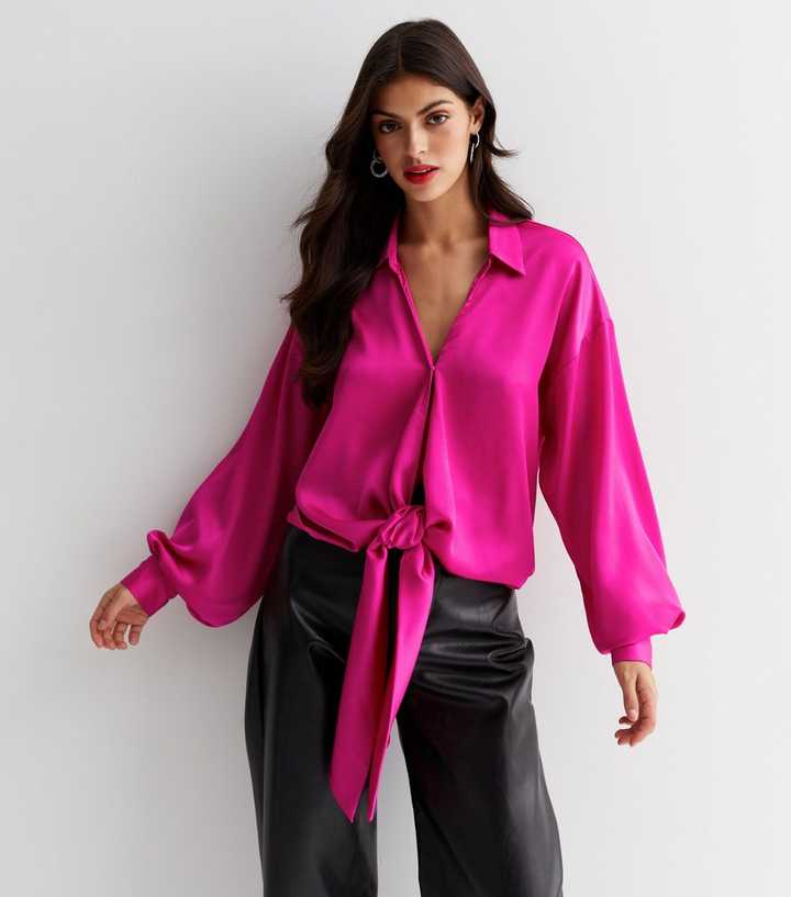 Bright Pink Satin Collared Long Sleeve Multiway Top