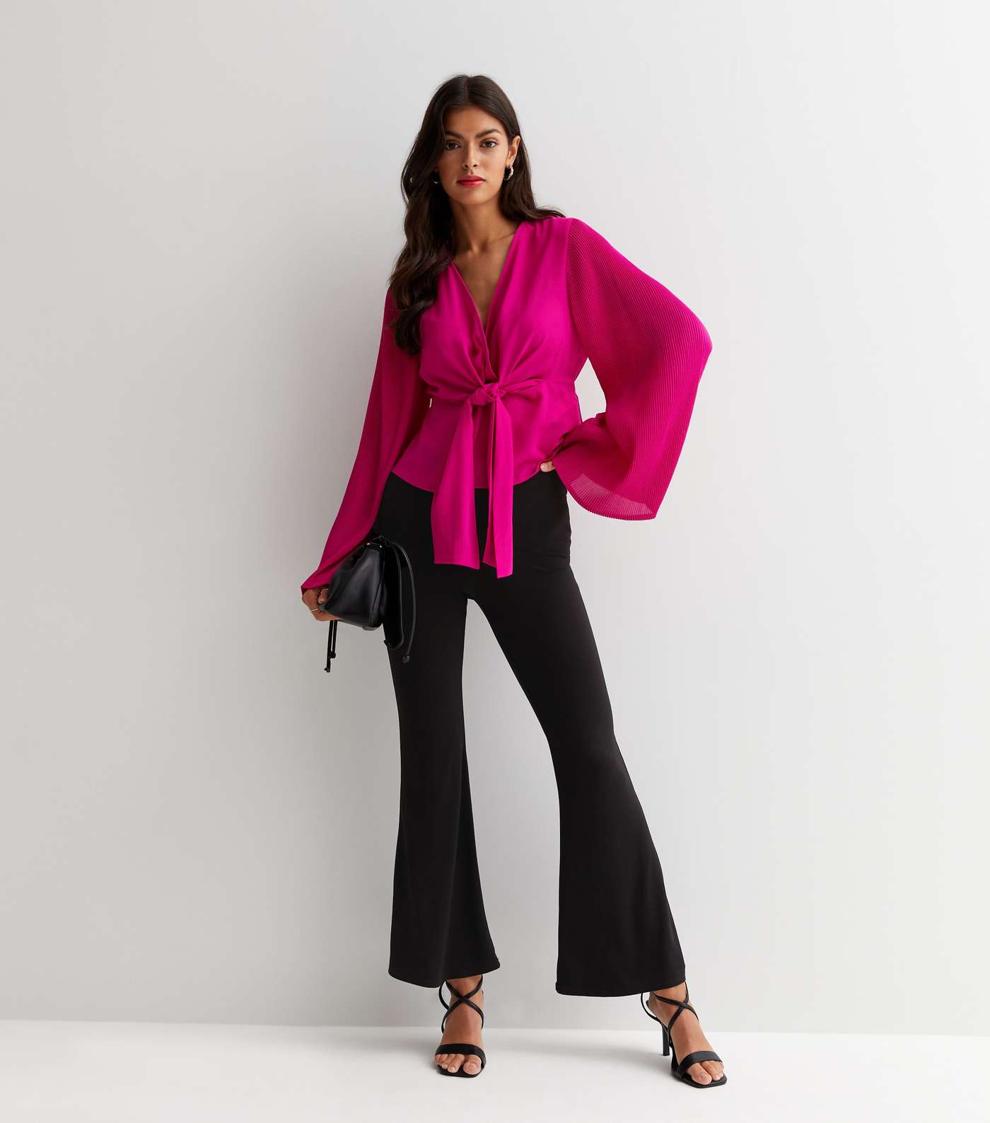Bright Pink Pleated Sleeve Tie Front Top Image 2
