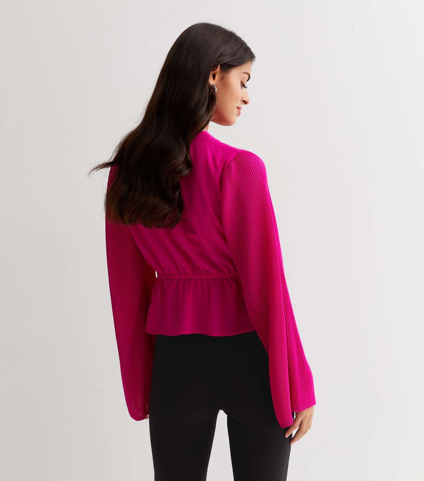 Bright Pink Pleated Sleeve Tie Front Top Image 4