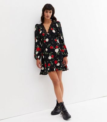 Black Floral Lace Trim Long Puff Sleeve Mini Dress | New Look