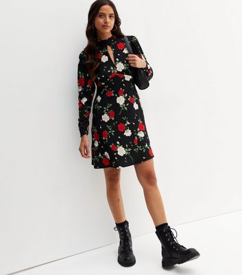 Black Floral Keyhole High Neck Mini Dress